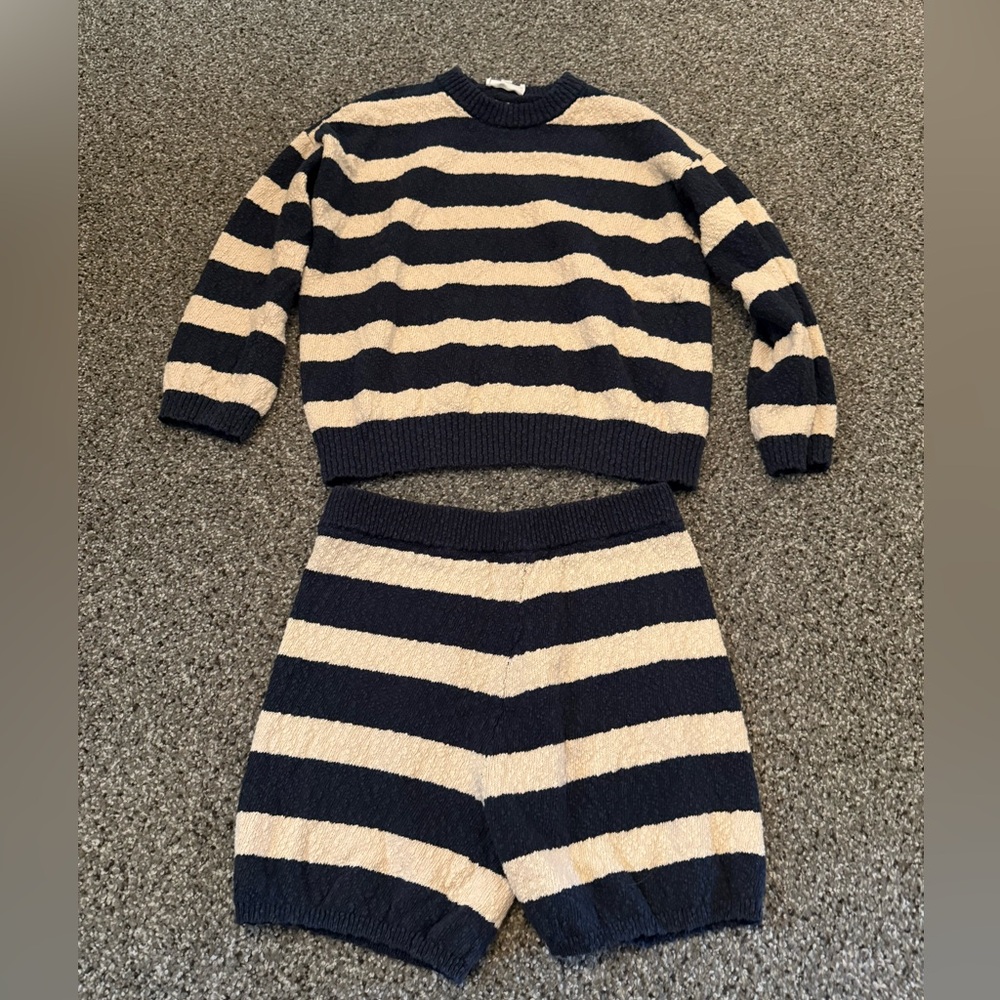 Striped Navy and Cream Knit Shorts and Sweater Set
